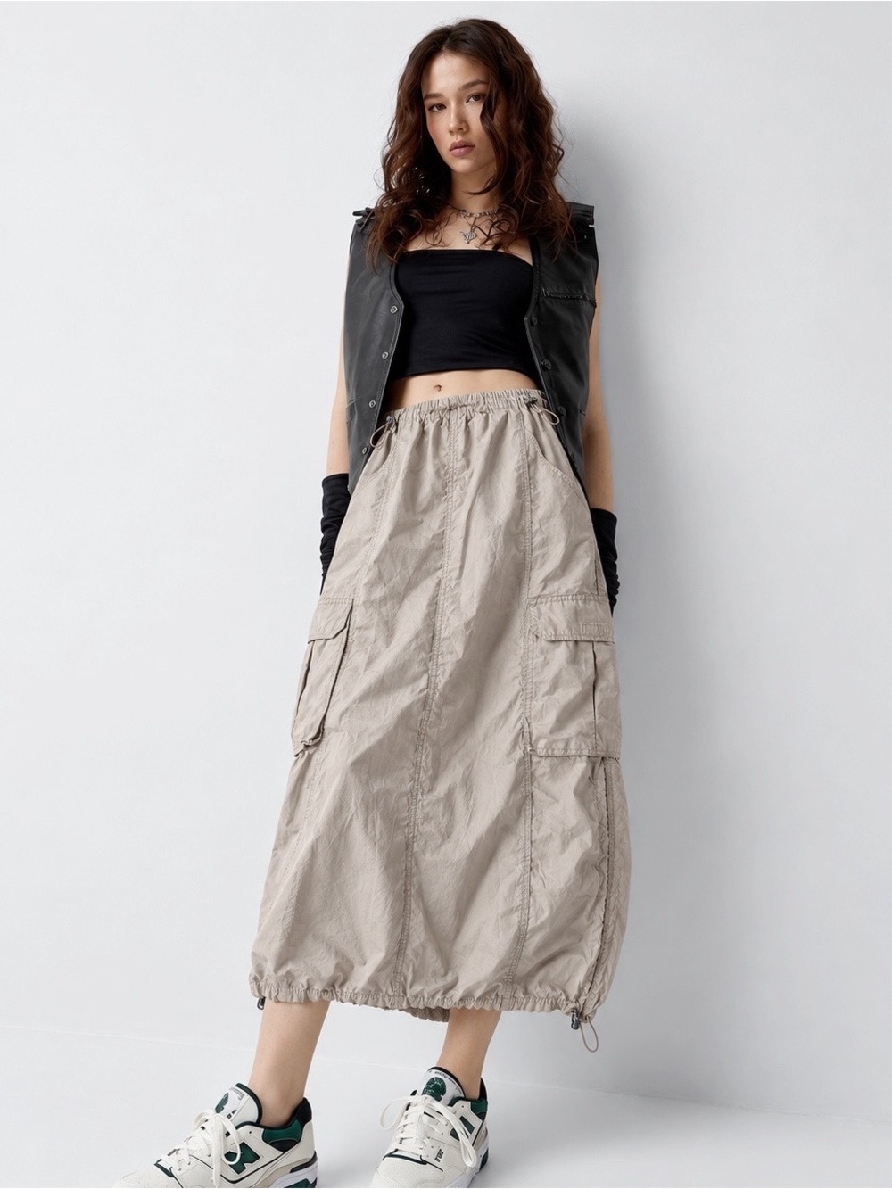 Twik Simons Woman Tan Parachute Utility Cargo Midi Relax Skirt LARGE Gorpcore